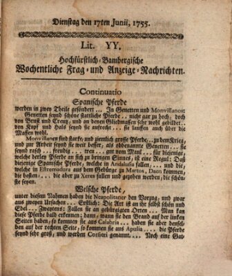 Hochfürstlich-Bambergische wochentliche Frag- und Anzeigenachrichten Dienstag 17. Juni 1755