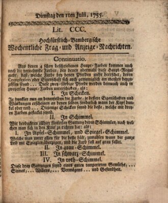 Hochfürstlich-Bambergische wochentliche Frag- und Anzeigenachrichten Dienstag 1. Juli 1755