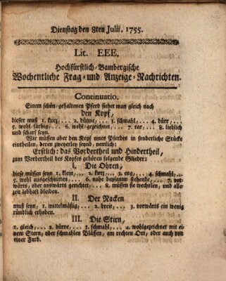 Hochfürstlich-Bambergische wochentliche Frag- und Anzeigenachrichten Dienstag 8. Juli 1755