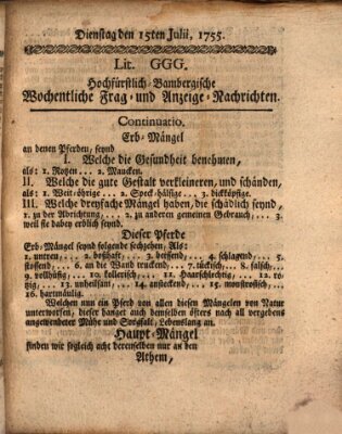 Hochfürstlich-Bambergische wochentliche Frag- und Anzeigenachrichten Dienstag 15. Juli 1755