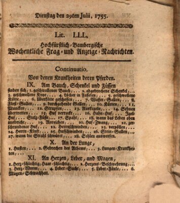 Hochfürstlich-Bambergische wochentliche Frag- und Anzeigenachrichten Dienstag 29. Juli 1755