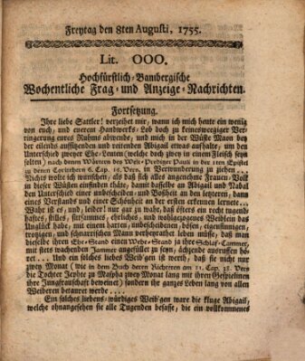 Hochfürstlich-Bambergische wochentliche Frag- und Anzeigenachrichten Freitag 8. August 1755