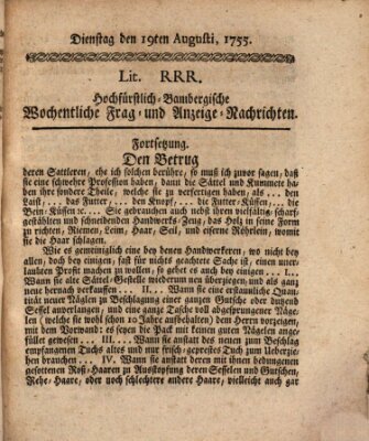 Hochfürstlich-Bambergische wochentliche Frag- und Anzeigenachrichten Dienstag 19. August 1755