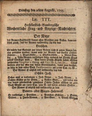 Hochfürstlich-Bambergische wochentliche Frag- und Anzeigenachrichten Dienstag 26. August 1755