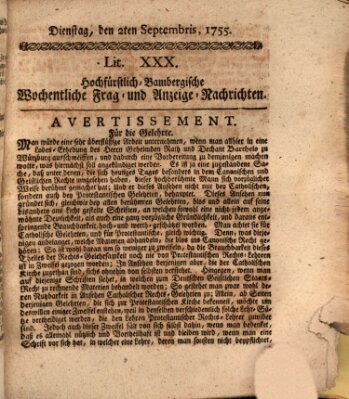 Hochfürstlich-Bambergische wochentliche Frag- und Anzeigenachrichten Dienstag 2. September 1755