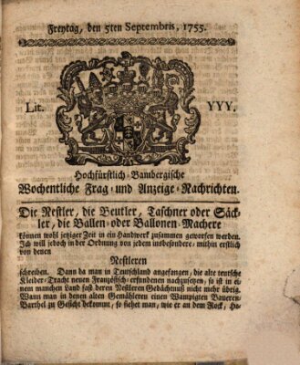 Hochfürstlich-Bambergische wochentliche Frag- und Anzeigenachrichten Freitag 5. September 1755