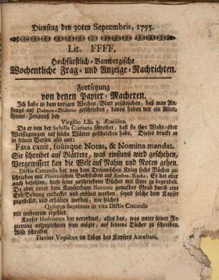 Hochfürstlich-Bambergische wochentliche Frag- und Anzeigenachrichten Dienstag 30. September 1755