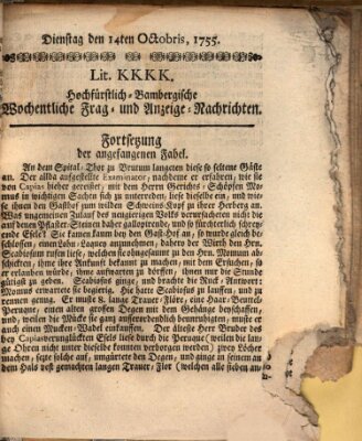 Hochfürstlich-Bambergische wochentliche Frag- und Anzeigenachrichten Dienstag 14. Oktober 1755