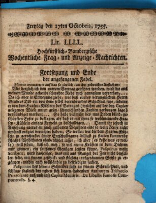 Hochfürstlich-Bambergische wochentliche Frag- und Anzeigenachrichten Freitag 17. Oktober 1755