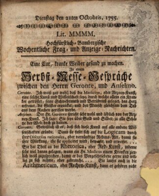 Hochfürstlich-Bambergische wochentliche Frag- und Anzeigenachrichten Dienstag 21. Oktober 1755