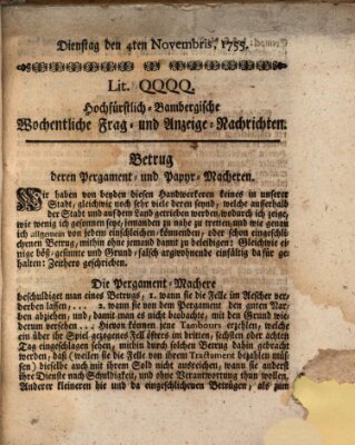 Hochfürstlich-Bambergische wochentliche Frag- und Anzeigenachrichten Dienstag 4. November 1755