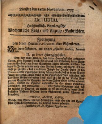 Hochfürstlich-Bambergische wochentliche Frag- und Anzeigenachrichten Dienstag 18. November 1755