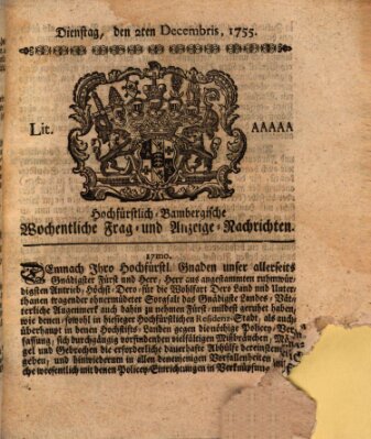 Hochfürstlich-Bambergische wochentliche Frag- und Anzeigenachrichten Dienstag 2. Dezember 1755