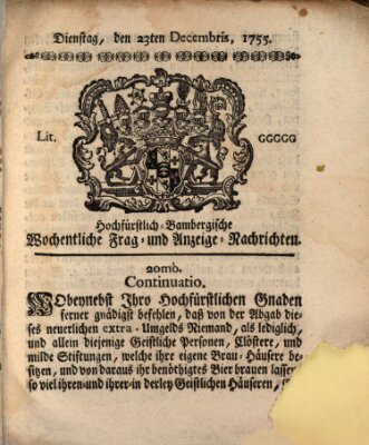 Hochfürstlich-Bambergische wochentliche Frag- und Anzeigenachrichten Dienstag 23. Dezember 1755