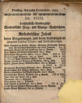 Hochfürstlich-Bambergische wochentliche Frag- und Anzeigenachrichten Dienstag 30. Dezember 1755