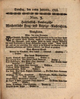 Hochfürstlich-Bambergische wochentliche Frag- und Anzeigenachrichten Dienstag 10. Januar 1758