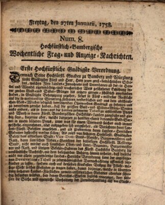 Hochfürstlich-Bambergische wochentliche Frag- und Anzeigenachrichten Freitag 27. Januar 1758