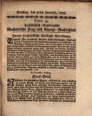 Hochfürstlich-Bambergische wochentliche Frag- und Anzeigenachrichten Dienstag 31. Januar 1758