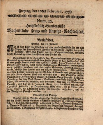 Hochfürstlich-Bambergische wochentliche Frag- und Anzeigenachrichten Freitag 10. Februar 1758