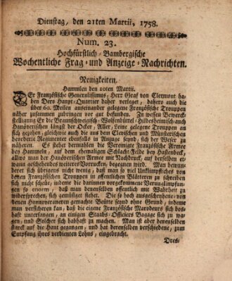 Hochfürstlich-Bambergische wochentliche Frag- und Anzeigenachrichten Dienstag 21. März 1758