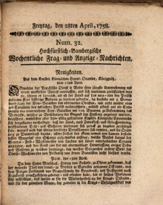 Hochfürstlich-Bambergische wochentliche Frag- und Anzeigenachrichten Freitag 28. April 1758