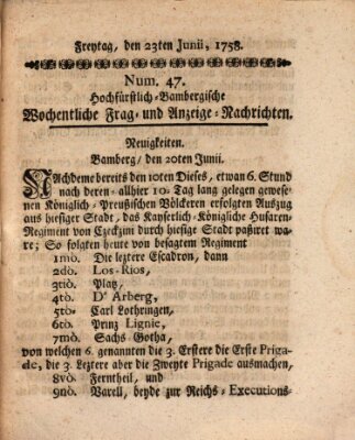 Hochfürstlich-Bambergische wochentliche Frag- und Anzeigenachrichten Freitag 23. Juni 1758