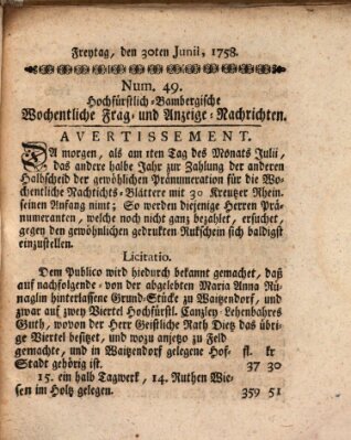 Hochfürstlich-Bambergische wochentliche Frag- und Anzeigenachrichten Freitag 30. Juni 1758