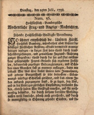 Hochfürstlich-Bambergische wochentliche Frag- und Anzeigenachrichten Dienstag 25. Juli 1758