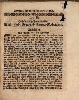 Hochfürstlich-Bambergische wochentliche Frag- und Anzeigenachrichten Freitag 14. Januar 1763