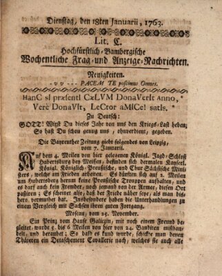 Hochfürstlich-Bambergische wochentliche Frag- und Anzeigenachrichten Dienstag 18. Januar 1763