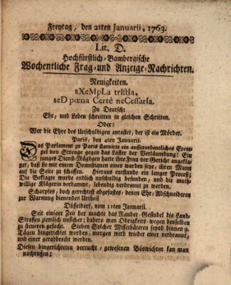 Hochfürstlich-Bambergische wochentliche Frag- und Anzeigenachrichten Freitag 21. Januar 1763