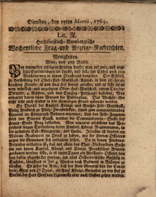 Hochfürstlich-Bambergische wochentliche Frag- und Anzeigenachrichten Dienstag 15. März 1763