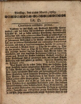 Hochfürstlich-Bambergische wochentliche Frag- und Anzeigenachrichten Dienstag 22. März 1763