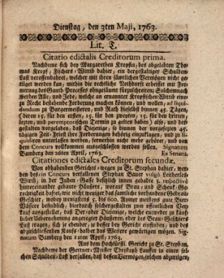 Hochfürstlich-Bambergische wochentliche Frag- und Anzeigenachrichten Dienstag 3. Mai 1763