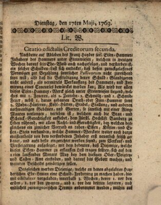 Hochfürstlich-Bambergische wochentliche Frag- und Anzeigenachrichten Dienstag 17. Mai 1763