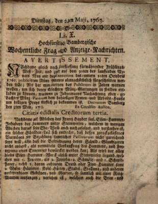 Hochfürstlich-Bambergische wochentliche Frag- und Anzeigenachrichten Dienstag 24. Mai 1763