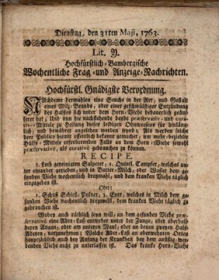 Hochfürstlich-Bambergische wochentliche Frag- und Anzeigenachrichten Dienstag 31. Mai 1763