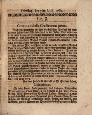 Hochfürstlich-Bambergische wochentliche Frag- und Anzeigenachrichten Dienstag 7. Juni 1763