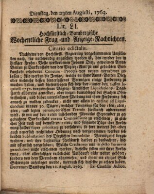 Hochfürstlich-Bambergische wochentliche Frag- und Anzeigenachrichten Dienstag 23. August 1763