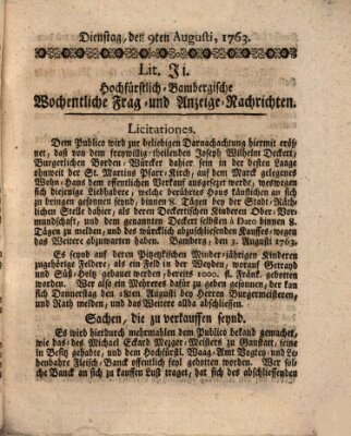 Hochfürstlich-Bambergische wochentliche Frag- und Anzeigenachrichten Dienstag 9. August 1763