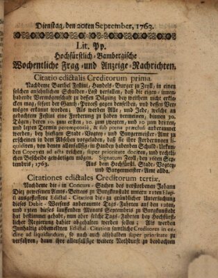 Hochfürstlich-Bambergische wochentliche Frag- und Anzeigenachrichten Dienstag 20. September 1763