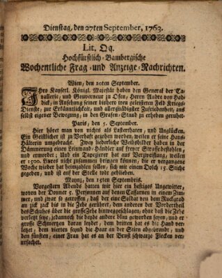 Hochfürstlich-Bambergische wochentliche Frag- und Anzeigenachrichten Dienstag 27. September 1763