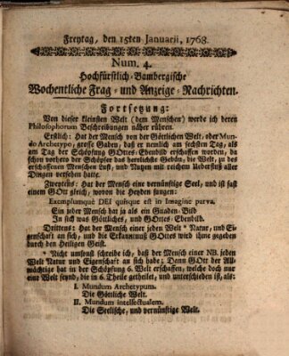 Hochfürstlich-Bambergische wochentliche Frag- und Anzeigenachrichten Freitag 15. Januar 1768