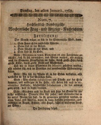 Hochfürstlich-Bambergische wochentliche Frag- und Anzeigenachrichten Dienstag 26. Januar 1768