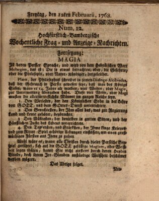 Hochfürstlich-Bambergische wochentliche Frag- und Anzeigenachrichten Freitag 12. Februar 1768