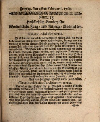 Hochfürstlich-Bambergische wochentliche Frag- und Anzeigenachrichten Freitag 26. Februar 1768