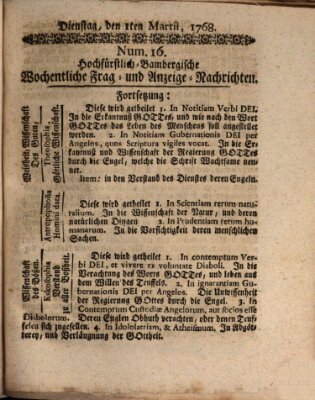 Hochfürstlich-Bambergische wochentliche Frag- und Anzeigenachrichten Dienstag 1. März 1768