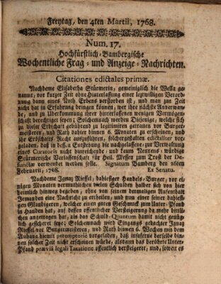 Hochfürstlich-Bambergische wochentliche Frag- und Anzeigenachrichten Freitag 4. März 1768