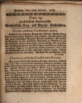 Hochfürstlich-Bambergische wochentliche Frag- und Anzeigenachrichten Freitag 11. März 1768