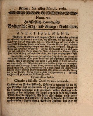 Hochfürstlich-Bambergische wochentliche Frag- und Anzeigenachrichten Freitag 18. März 1768